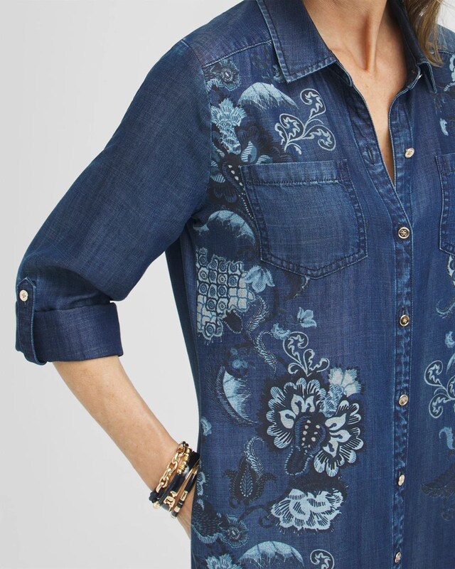Chambray Roll Tab Floral Maxi Dress - image 4